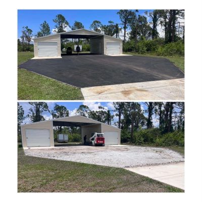 Before and after images of recently asphalt paved driveway.