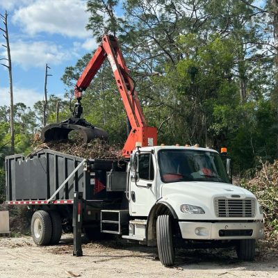 Grapple truck loading trees and brushes for removal.